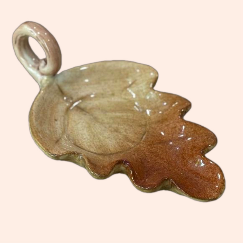 Vintage Y2K Russ Berrie Ceramic Hand Painted Oak Leaf Candle Tray